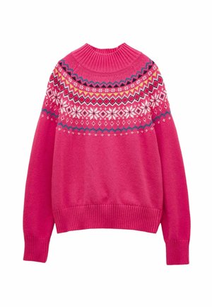 Maglione lavorato a maglia fucsia con un collo alto a coste, caratterizzato da un motivo geometrico in bianco, blu e giallo sulla spalla. Polsini e orlo a coste.