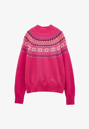 Jersey de punto fucsia con un cuello acanalado alto, que presenta un patrón geométrico en blanco, azul y amarillo en el canesú. Puños y dobladillo acanalados.