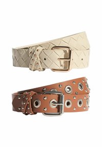 Woven cream belt featuring a gold-tone buckle and decorative knot; brown belt with silver grommets and a silver-tone buckle.