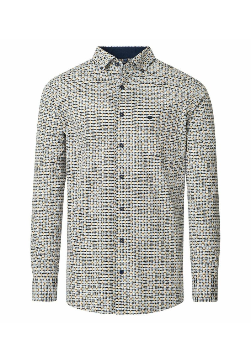 Herren Langarmhemd mit kleinem Quadratmuster in Weiß, Marineblau und Senfgelb, mit Knopfkrause und dunklen Knöpfen.