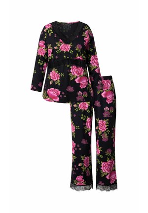 Zwart bloemen pyjama set met roze rozen, kantaccenten op de top en broekzomen, lange mouwen en losvallende broek.