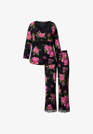 Czarny komplet piżamowy z kwiatowym wzorem, zawierający różowe róże, koronkowe akcenty przy górze i nogawkach, długie rękawy oraz luźne spodnie.