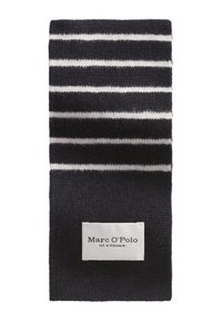 Écharpe tricotée à rayures bleu marine et blanches, avec une texture douce. Présente une forme rectangulaire et une étiquette cousue en bas.