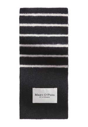 Dziany szalik w granatowo-białe paski, o miękkiej fakturze. Posiada prostokątny kształt oraz metkę przyszytą na dole.