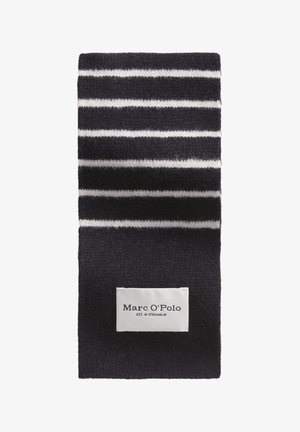 Gebreide sjaal met marineblauwe en witte strepen, met een zachte textuur. Heeft een rechthoekige vorm en een label onderaan vastgenaaid.