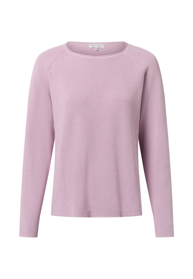 Lila, lange mouwen sweater met een ronde hals en geribbelde textuur, heeft een relaxte pasvorm en subtiele stiksels bij de hals en manchet.