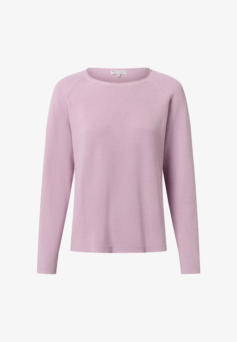 Lila, lange mouwen sweater met een ronde hals en geribbelde textuur, heeft een relaxte pasvorm en subtiele stiksels bij de hals en manchet.