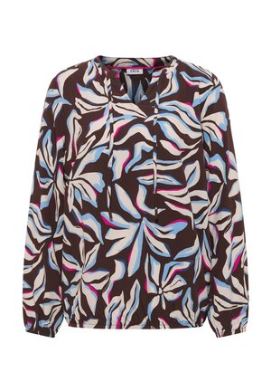 Blouse met lange mouwen met een bruine basis en abstracte bladpatronen in blauw, beige en roze, met een V-hals en trekkoorden.