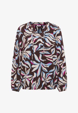 Blouse met lange mouwen met een bruine basis en abstracte bladpatronen in blauw, beige en roze, met een V-hals en trekkoorden.