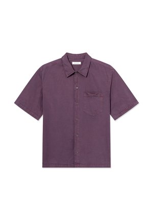 Kortærmet skjorte med knapper i dyb lilla bomuld. Har krave, brystlomme og subtil tekstur. Ren design uden mønstre.