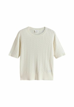 Kurzarmiger, cremefarbener Pullover mit strukturiertem Zopfmuster, Rundhalsausschnitt und gerippten Abschlüssen an den Ärmelbündchen und am Saum.
