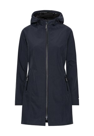 Veste imperméable bleue marine avec capuche, fermeture éclair intégrale, poches latérales et coupe droite. Finition textile lisse et design minimaliste.