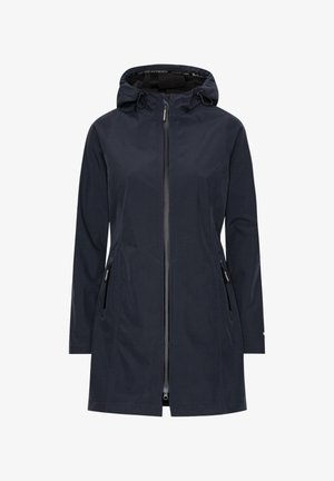 Chaqueta impermeable azul marino con capucha, cierre de cremallera completa, bolsillos laterales y corte recto. Acabado textil suave y diseño minimalista.