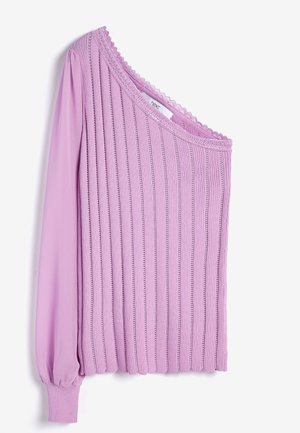 Asymetryczna bluzka w kolorze lawendowym z prążkowanym teksturem, z jednym długim rękawem, falbaniastym dekoltem i miękkim materiałem. Można prać w pralce, casualowy fason.