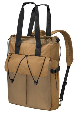 Brauner Rucksack mit schwarzen Trägern, rechteckiger Form und einem Kordelzugverschluss. Verfügt über eine Fronttasche und verstellbare Schulterriemen.