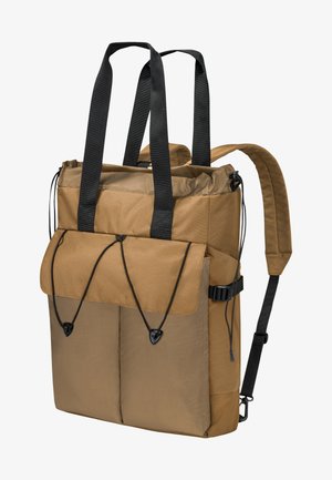 Brauner Rucksack mit schwarzen Trägern, rechteckiger Form und einem Kordelzugverschluss. Verfügt über eine Fronttasche und verstellbare Schulterriemen.