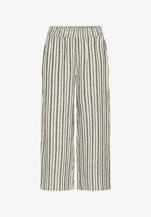 Spodnie o szerokich nogawkach w paski, charakteryzujące się luźnym krojem, elastycznym paskiem w talii oraz na przemian czarnymi i kremowymi pionowymi paskami.