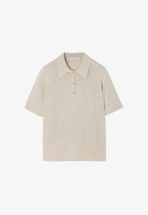 Beigā krāsā T-kreklu krekls ar īsām piedurknēm, izgatavots no struktūras adījuma, ar klasisku apkakli un trīs pogu aizdari priekšā.