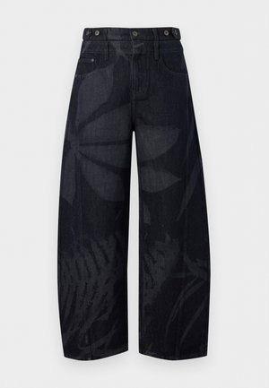 Pantaloni in denim neri a vita alta e gamba larga con sottili motivi scuri a foglia e dettagli con bottoni in vita.