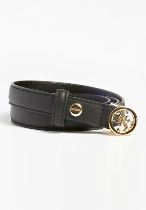 Ceinture en cuir noir roulée, avec une boucle ronde dorée comportant un logo entrelacé et un petit bouton doré "GUESS" sur la lanière.