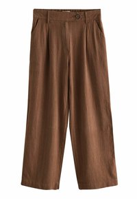 Brown, wide-leg trousers with subtle vertical stripes, made from a lightweight fabric. Features a button closure and side pockets.