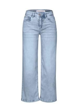 Jeans a gamba larga blu chiaro in tessuto denim, con vita media, cinque tasche e chiusura con bottone. Texture liscia con una leggera scoloritura.