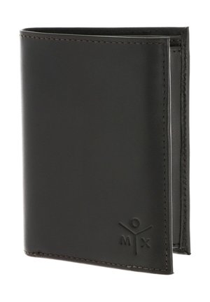 Black folded leather wallet with stitched edges and a small embossed logo featuring letters M, O, X on the lower right corner.