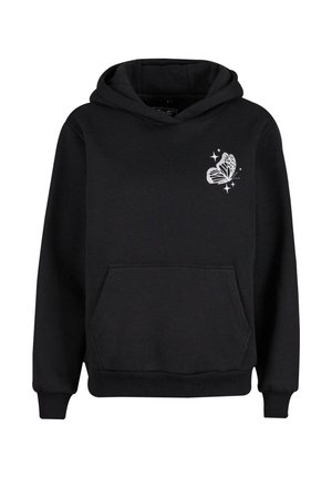 Černá mikina s kapucí vyrobená z bavlněné směsi, s bílou grafikou motýla a hvězdami na levé straně hrudníku, se přední klokaní kapsou.