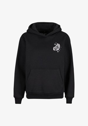 Juoda kapuche su gobtuvu, pagaminta iš medvilnės mišinio, su baltu drugelio grafiku ir žvaigždėmis kairėje krūtinės pusėje, su priekiniais kišeniniais kangoru.