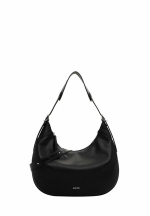 Black leather shoulder bag with a curved shape, textured surface, adjustable strap, and subtle logo detail on the front.