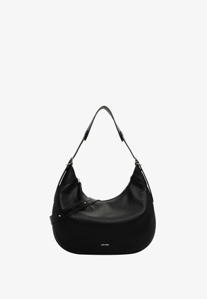 Black leather shoulder bag with a curved shape, textured surface, adjustable strap, and subtle logo detail on the front.