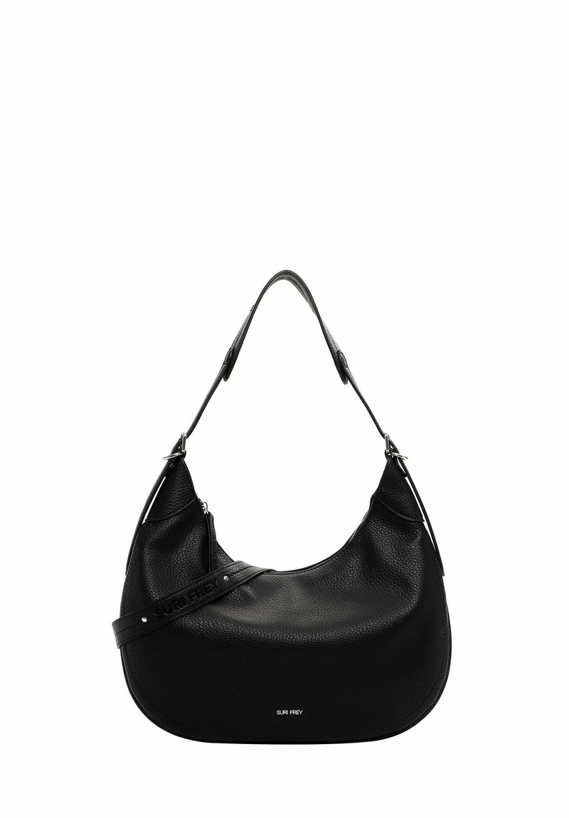 Borsa a spalla in pelle nera con forma curvata, superficie testurizzata, tracolla regolabile e dettaglio del logo discreto sul davanti.