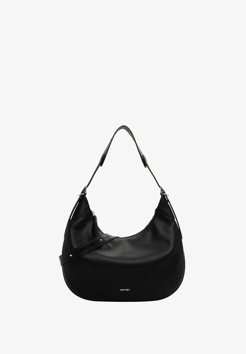 Musta nahkainen olkalaukku, jossa on kaareva muoto, tekstuuroitu pinta, säädettävä hihna ja hienovarainen logotieto edessä.