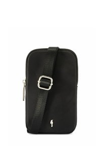 Czarna torba na ramię z nylonu, z zamkiem błyskawicznym, regulowanym paskiem i logo w srebrnym odcieniu. Gładka tekstura z zaokrąglonymi krawędziami.