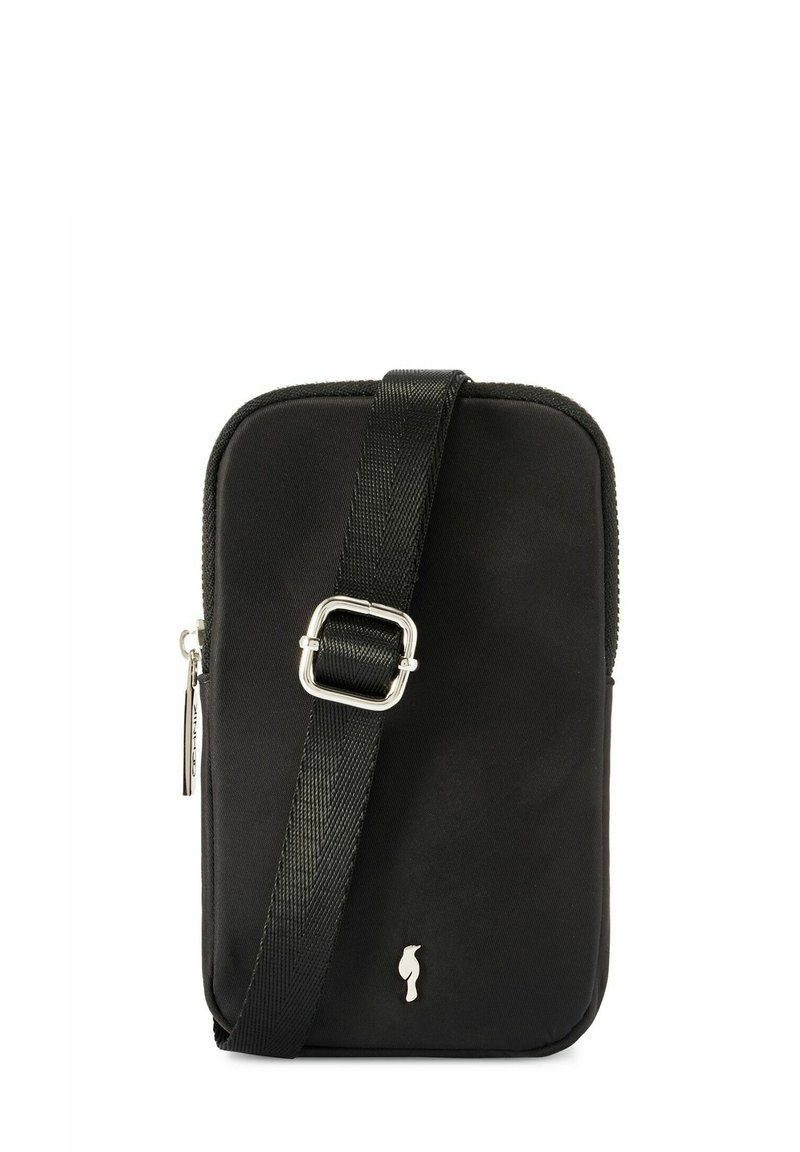 Czarna torba na ramię z nylonu, z zamkiem błyskawicznym, regulowanym paskiem i logo w srebrnym odcieniu. Gładka tekstura z zaokrąglonymi krawędziami.