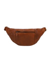 Marsupio in pelle marrone con forma curva, dotato di una tasca frontale con zip, texture liscia e cinturino regolabile per una vestibilità sicura.