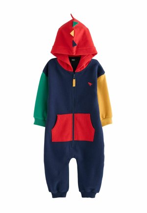 Dinosaur-Motiv Kapuzenoverall in Marineblau, mit einer roten Kapuze mit bunten Stacheln, grünen und gelben Ärmeln, einem Reißverschluss auf der Vorderseite und Kängurutaschen.
