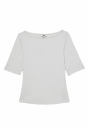 Balta, trumpomis rankovėmis palaidinė su plačia iškirpte ir laisvu modeliu. Lygus paviršius, paprastas dizainas, be matomų raštų ar aksesuarų.