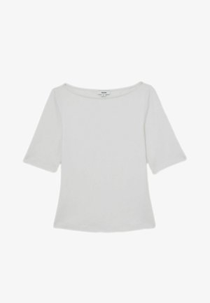 Balta, trumpomis rankovėmis palaidinė su plačia iškirpte ir laisvu modeliu. Lygus paviršius, paprastas dizainas, be matomų raštų ar aksesuarų.