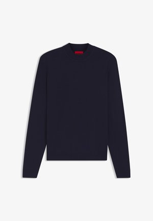 Maglione a maniche lunghe blu navy in cotone. Presenta un collo a girocollo con costine e polsini, con un orlo dritto e un branding discreto sul colletto.