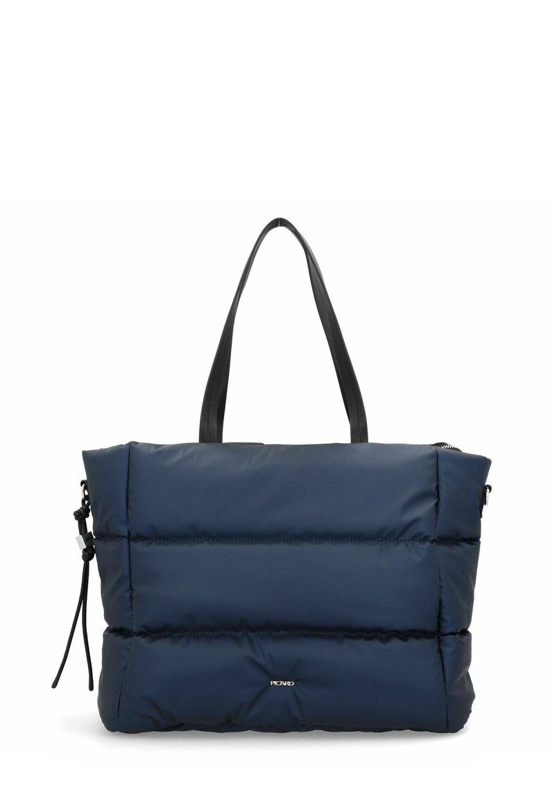 Borsa tote imbottita blu navy con manici in pelle nera, texture trapuntata, chiusura con zip superiore e accentuazione con cordoncino regolabile.