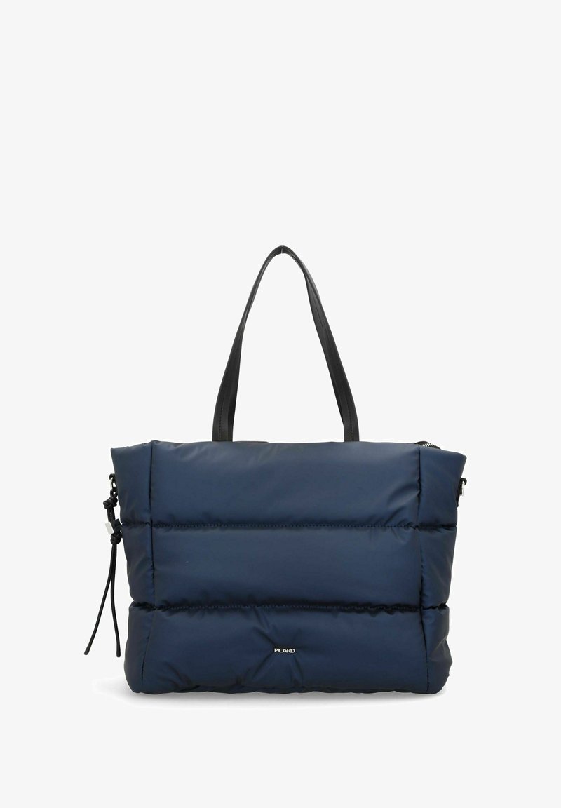 Borsa tote imbottita blu navy con manici in pelle nera, texture trapuntata, chiusura con zip superiore e accentuazione con cordoncino regolabile.