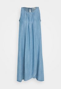 Jasnoniebieska dżinsowa sukienka bez rękawów z okrągłym dekoltem, z tyłu z wycięciem w kształcie łezki oraz luźną sylwetką w kształcie litery A. Posiada widoczne detale przeszyć.