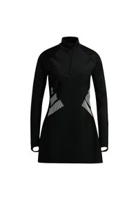 Sort atletisk kjole med høj krave, kvart lynlås, lange ærmer og grå mønstrede accenter på siderne. Glat, strækbart materiale.