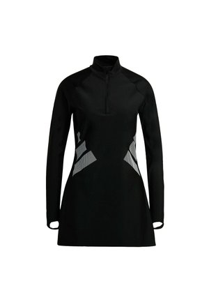 Musta urheilumekko, jossa on korkea kaulus, neljännesvetoketju, pitkät hihat ja harmaat kuvioidut yksityiskohdat sivuilla. Sileä, joustava materiaali.