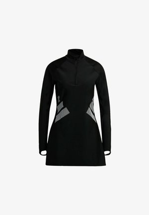 Robe de sport noire avec col haut, fermeture éclair partielle, manches longues et accents gris à motifs sur les côtés. Matière lisse et extensible.