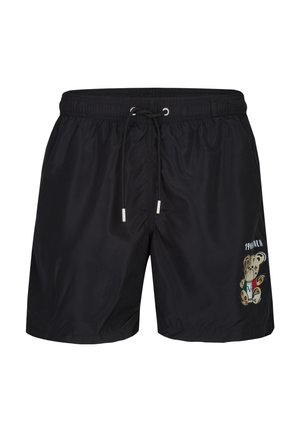 Schwarze Badeshorts mit elastischem Bund, Kordelzug und Teddybär-Grafik an einem Bein mit dem Text "19WALK.LN."