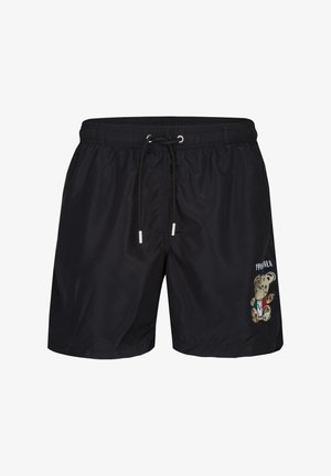 Schwarze Badeshorts mit elastischem Bund, Kordelzug und Teddybär-Grafik an einem Bein mit dem Text "19WALK.LN."
