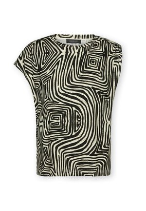 Sort og hvid kortærmet top med abstrakt geometrisk firkant- og bølgelinjemønster, rund halsudskæring og løs pasform.