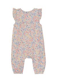 Bloemenromper in pastelkleuren, met gerafelde mouwen, een geplooide jongen, en elastische boorden bij de enkels voor extra comfort.